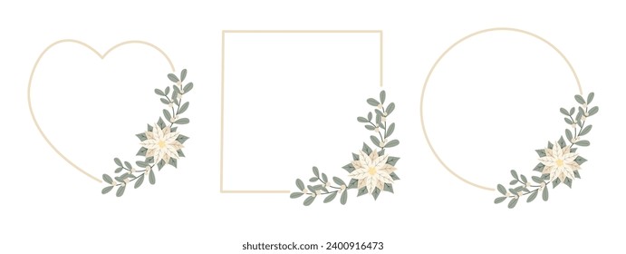 Set Christmas frames with white poinsettia flower.Design for New Year and Christmas cards, scrapbooking, stickers, planner, invitations. Vector illustration.