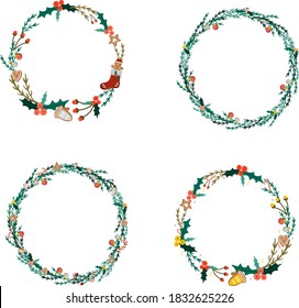 Set of Christmas frames, wreath kit, made of evergreen fir, spruce branches, red berries, and gingerbread cookies on transparent background. Vector illustration.