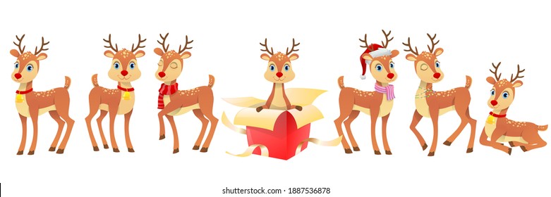 Set of Christmas funny deers. Reindeers with different emotions in different Santa Claus hat and scarf, snowman, elf. Cute Christmas reindeers isolated on white background. Vector illustration