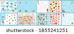 A set of Christmas games for children. Spy and maze game. Vector illustration in hand drawn cartoon childish style. Educational maze puzzles suitable for games, book printing, applications, education.