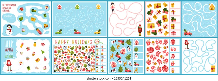 A set of Christmas games for children. Spy and maze game. Vector illustration in hand drawn cartoon childish style. Educational maze puzzles suitable for games, book printing, applications, education.