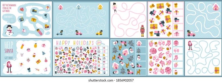 A set of Christmas games for children. Spy and maze game. Vector illustration in hand drawn cartoon childish style. Educational maze puzzles suitable for games, book printing, applications, education.
