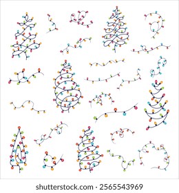 Set Christmas garland in the shape of a Christmas tree. Colored light bulbs. Decoration for the Christmas tree. Vector illustration on a white background.