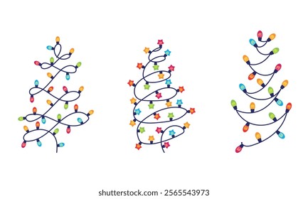 Set Christmas garland in the shape of a Christmas tree. Colored light bulbs. Decoration for the Christmas tree. Vector illustration on a white background.