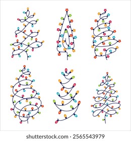 Set Christmas garland in the shape of a Christmas tree. Colored light bulbs. Decoration for the Christmas tree. Vector illustration on a white background.