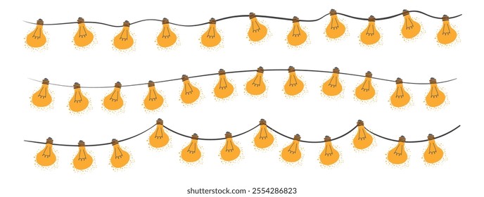 Set of Christmas garland in trendy groovy retro style. String of yellow holiday lights. Happy New year and Merry Christmas pattern. 70s Vibes groovy garland. Vector Illustration. For greeting card