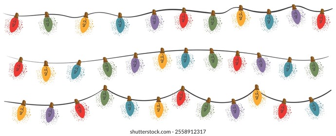 Set of Christmas garland in trendy groovy retro style. String of colorful holiday lights. Happy New year and Merry Christmas pattern. 70s Vibes groovy garland. Vector Illustration. For greeting card