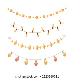 Set of Christmas garlands. Bells, lanterns, flags, beads. Festive decor elements. Vector illustration. Set for holiday design of cards, invitations, wrapping paper. Christmas decorations