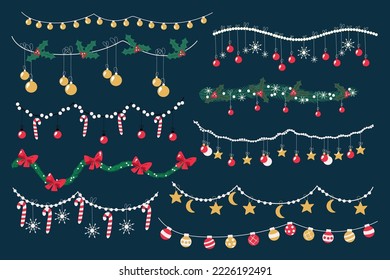 Conjunto de guirnaldas de Navidad. Decoración navideña brillante y colorida. Vectores de navidad, mistletas, copos de nieve, estrellas y abetos.