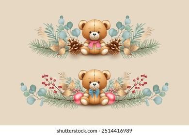 A set of Christmas garlands with a cute teddy bear, fir cones and Christmas decorations