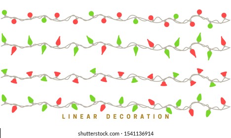 Set of Christmas garlands. Design element and decor in a linear flat style. Colorful multi-colored light bulbs of garlands on a white background. Vector illustration.