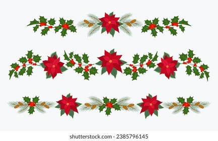 Set of Christmas garlands with red poinsettia, holly berries, pine branches and cones. Festive traditional decoration. Hand drawn vector illustration isolated on white background, flat cartoon style.
