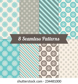 Set of Christmas Geometric Patterns with Snowflakes, Diagonal Stripes and Circles in Turquoise, Grey and Beige. Perfect for wallpapers, textile, wrapping paper, Christmas background and greeting cards