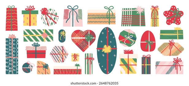 Set of Christmas gift box element vector illustration. Collection of gift box in different shapes and color, ribbon, bow, packaging. Happy Holiday Design for sticker, poster, invitation, greeting.
