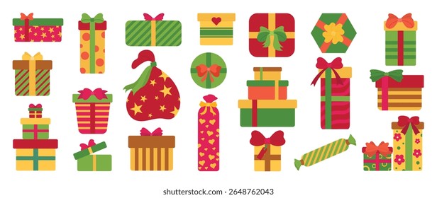 Set of Christmas gift box element vector illustration. Collection of gift box in different shapes and color, ribbon, bow, packaging. Happy Holiday Design for sticker, poster, invitation, greeting.