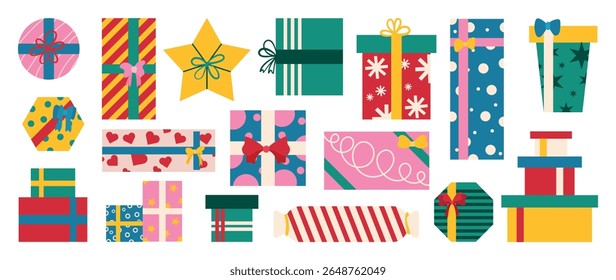 Set of Christmas gift box element vector illustration. Collection of gift box in different shapes and color, ribbon, bow, packaging. Happy Holiday Design for sticker, poster, invitation, greeting.