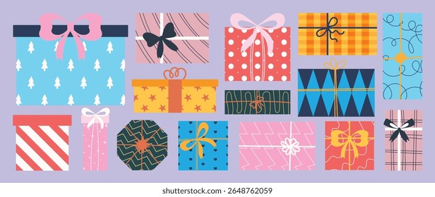 Set of Christmas gift box element vector illustration. Collection of gift box in different shapes and color, ribbon, bow, packaging. Happy Holiday Design for sticker, poster, invitation, greeting.