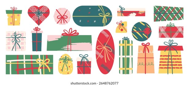 Set of Christmas gift box element vector illustration. Collection of gift box in different shapes and color, ribbon, bow, packaging. Happy Holiday Design for sticker, poster, invitation, greeting.
