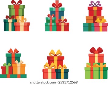 A set of Christmas gift box vector illustrations features colorful, festive boxes in various sizes and designs. Each box is adorned with holiday elements like ribbons, bows, and seasonal patterns