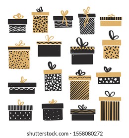 Set of Christmas gift boxes with bows. Vector illustration in hand drawn style