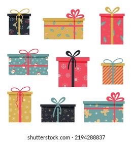 Set of Christmas gift boxes. Colourful boxes with bows. Vector illustration.