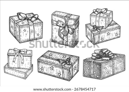 Set with Christmas gift boxes. Christmas design elements. Hand drawn vector illustration.