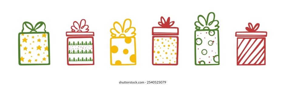 Set von Weihnachtsgeschenkboxen. Weihnachtsgeschenke, Neujahrsgeschenke. Vektorgrafik.