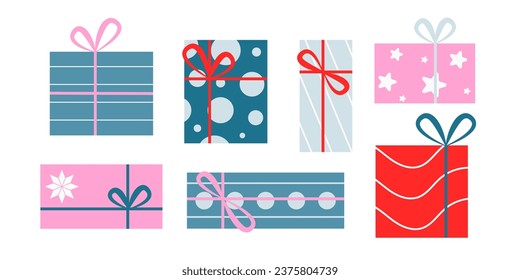 Juego de cajas de regalo de Navidad. Año Nuevo con cintas. Ilustración vectorial plana. 