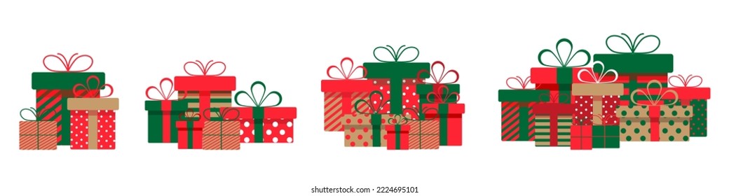 Set of christmas gift boxes with ribbons and bows.A pile of christmas gift boxes.Presents in colorful wrapping with ribbons.Gift boxes stack in flat style.