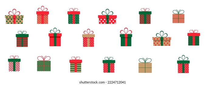 Set of christmas gift boxes with ribbons and bows.A pile of christmas gift boxes.Presents in colorful wrapping with ribbons.Gift boxes stack in flat style.