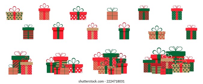 Set of christmas gift boxes with ribbons and bows.A pile of christmas gift boxes.Presents in colorful wrapping with ribbons.Gift boxes stack in flat style.