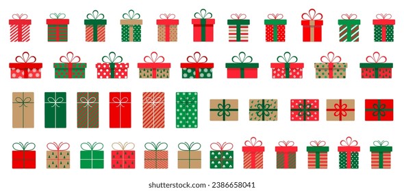 Set of christmas gift boxes with ribbons and bows.A pile of christmas gift boxes.Presents in colorful wrapping with ribbons.Gift boxes stack in flat style.