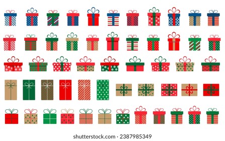 Set of christmas gift boxes with ribbons and bows.A pile of christmas gift boxes.Presents in colorful wrapping with ribbons.Gift boxes stack in flat style