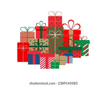 Set of christmas gift boxes with ribbons and bows.A pile of christmas gift boxes.Presents in colorful wrapping with ribbons.Gift boxes stack in flat style