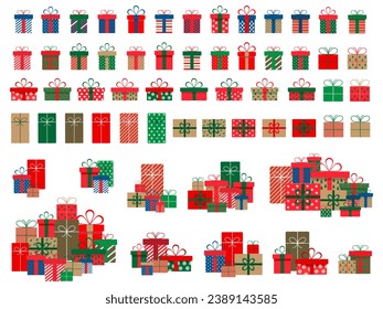 Conjunto de cajas de regalo de navidad con cintas y arcos.Un montón de cajas de regalo de navidad.Presenta en envoltura colorida con cintas.Cajas de regalo apiladas