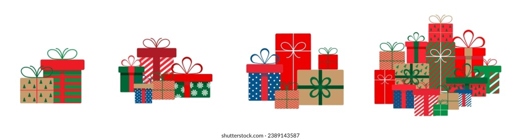 Conjunto de cajas de regalo de navidad con cintas y arcos.Un montón de cajas de regalo de navidad.Presenta en envoltura colorida con cintas.Cajas de regalo apiladas