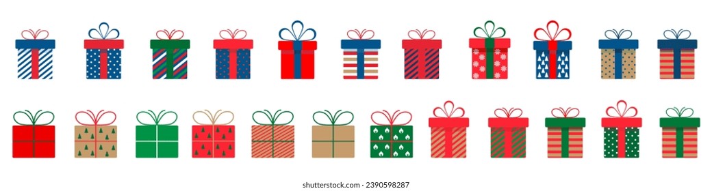 Set of christmas gift boxes with ribbons and bows.A pile of christmas gift boxes.Presents in colorful wrapping with ribbons.Gift boxes stack in flat style.