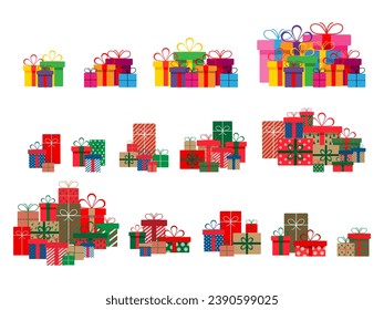 Set of christmas gift boxes with ribbons and bows.A pile of christmas gift boxes.Presents in colorful wrapping with ribbons.Gift boxes stack in flat style.