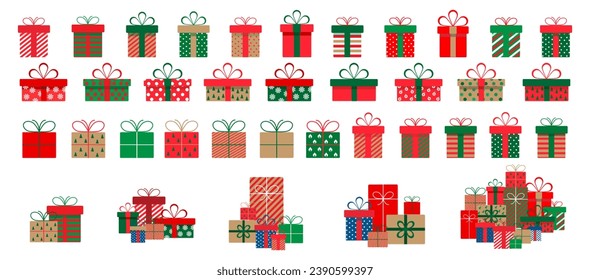 Set of christmas gift boxes with ribbons and bows.A pile of christmas gift boxes.Presents in colorful wrapping with ribbons.Gift boxes stack in flat style.