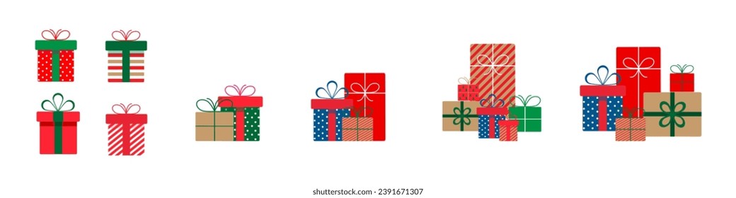 Set of christmas gift boxes with ribbons and bows.A pile of christmas gift boxes.Presents in colorful wrapping with ribbons.Gift boxes stack in flat style.