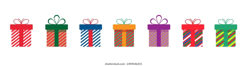 Set of christmas gift boxes with ribbons and bows.A pile of christmas gift boxes.Presents in colorful wrapping with ribbons.Gift boxes stack in flat style.