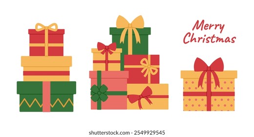 Set of Christmas gift boxes with ribbons and bows. Holiday presents stacks in red, yellow and green colors. Heaps of surprises. Vector flat illustration isolated on white background