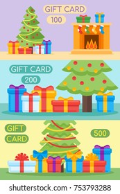 Set of Christmas gift cards or  banners. New Year layout template. With fur tree, gifts, fireplace