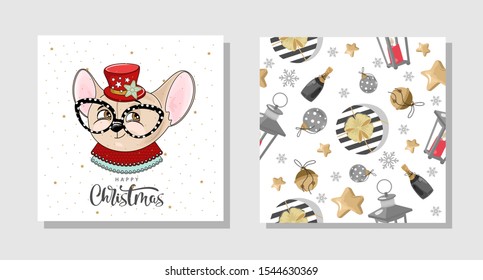 Set of Christmas gift cards with festive Mouse, inscriptions and hand-drawn festive design elements. Vector illustration.