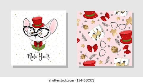 Set of Christmas gift cards with festive Mouse, inscriptions and hand-drawn festive design elements. Vector illustration.