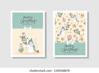 Set of Christmas gift cards with festive Mouse, inscriptions and hand-drawn festive design elements. Vector illustration.