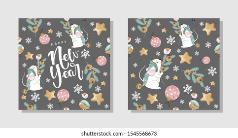 Set of Christmas gift cards with festive Mouse, inscriptions and hand-drawn festive design elements. Vector illustration.