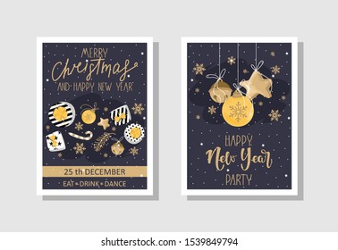 Set of Christmas gift cards with lettering and hand drawn design elements. Vector illustration.
