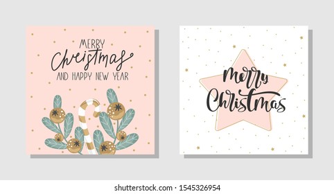 Set of Christmas gift cards with lettering and hand drawn design elements. Vector illustration.