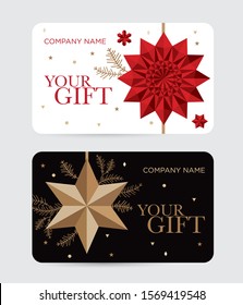 Set of christmas gift cards. Christmas template with geometric snowflake and star on a white and black background. Vector illustration of gold stars, snowflake, branches of a Christmas tree 
